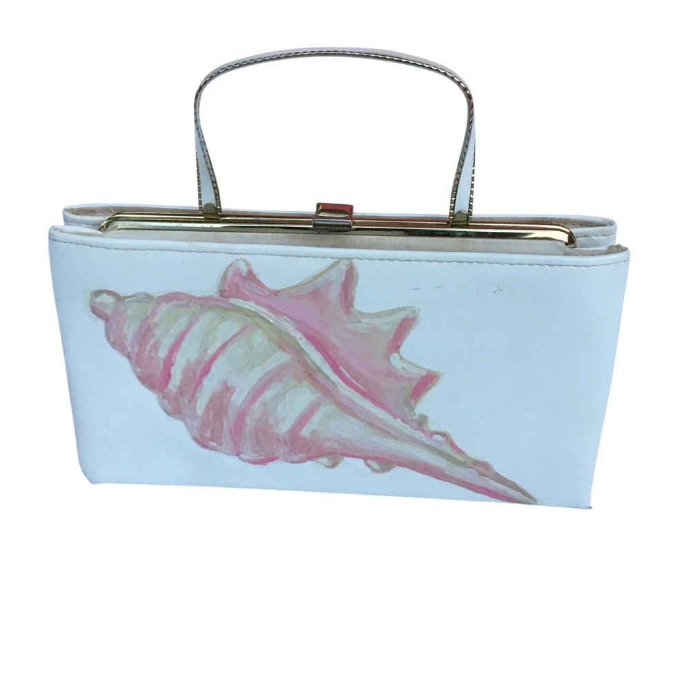 Ande Vintage White Hand Painted Pink Seashell Top Handle Frame Bag‎ Clutch